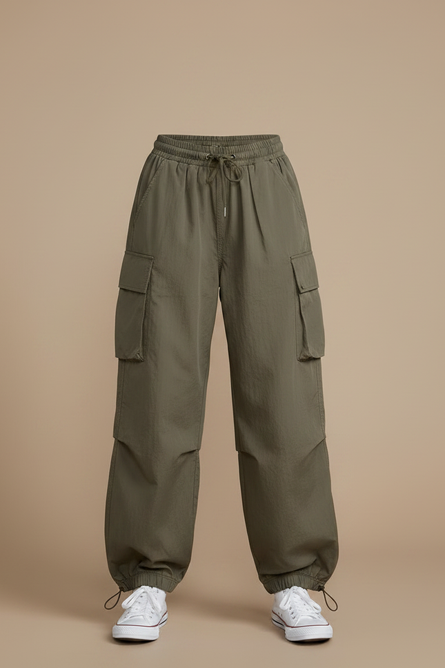 Pantalon Parachute Vert Kaki Ample Cargo Fille - Polyester - vue 3