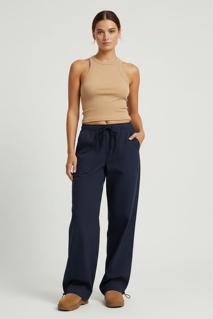Pantalon Parachute Femme Bleu Marine Resserré Aux Chevilles - Coton - vue 3