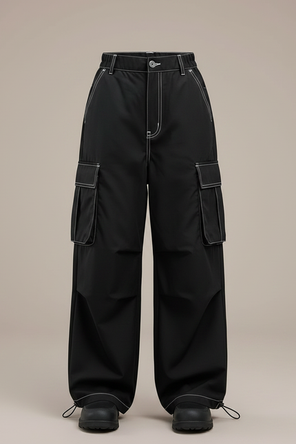 Pantalon Parachute Noir Ample Surpiqûres Blanches Cargo - Polyester - vue 3