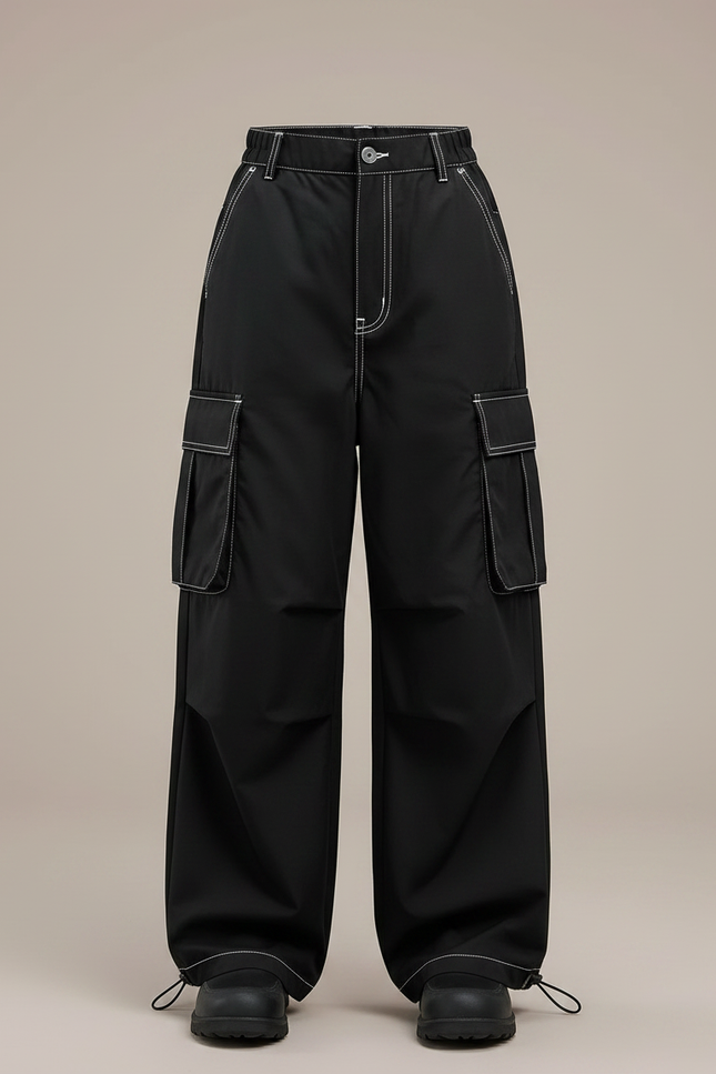 Pantalon Parachute Noir Ample Surpiqûres Blanches Cargo - Polyester - vue 3