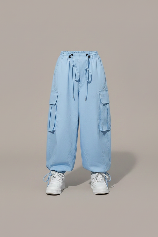 Pantalon Parachute Fluide Ample Cargo Fille Style Coréen - Bleu Polyester - vue 3