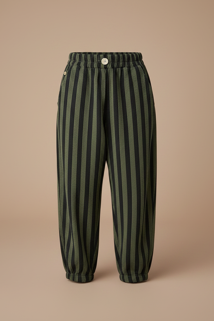 Pantalon Parachute Rayé Vert Noir Ample Enfant Tendance - Multicolore Cordé - vue 3
