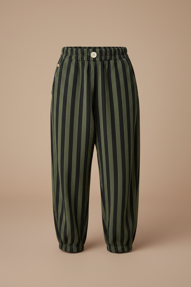Pantalon Parachute Rayé Vert Noir Ample Enfant Tendance - Multicolore Cordé - vue 3