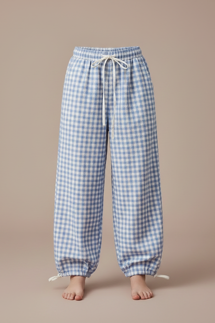 Pantalon Parachute Vichy Bleu Ample Fille Décontracté Coton - vue 3
