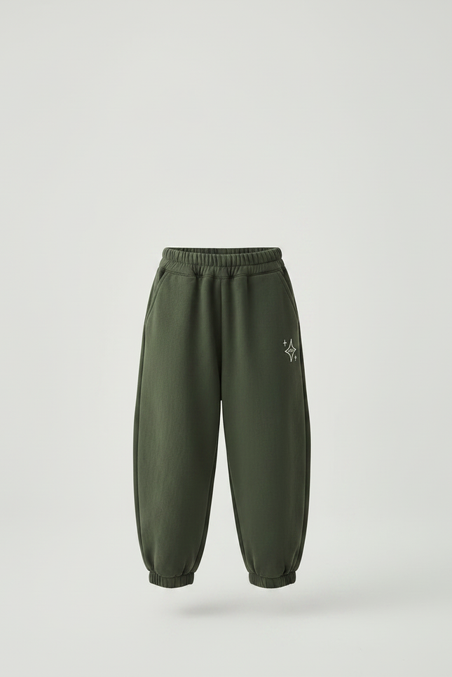 Pantalon Parachute Vert Ample Molleton Imprimé Étoile - Kaki - vue 3