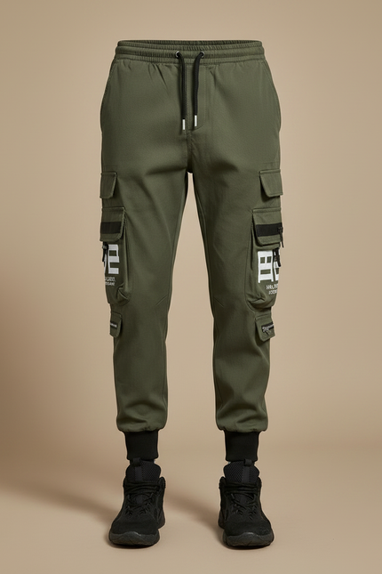 Pantalon Parachute Kaki Cargo Imprimé Cordon Homme - Polyester - vue 3