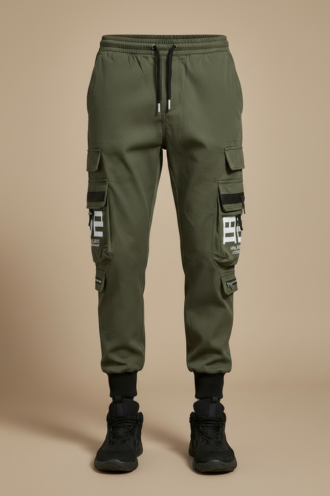 Pantalon Parachute Kaki Cargo Imprimé Cordon Homme - Polyester - vue 3