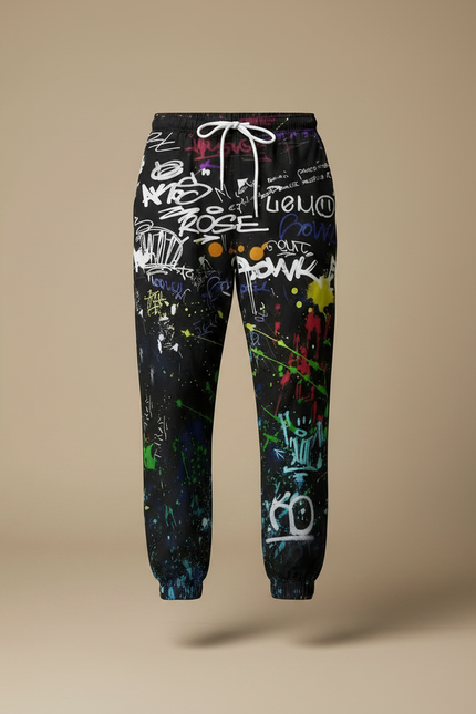 Pantalon Parachute Noir Graffiti Streetwear Ample Homme - Multicolore Molleton - vue 3