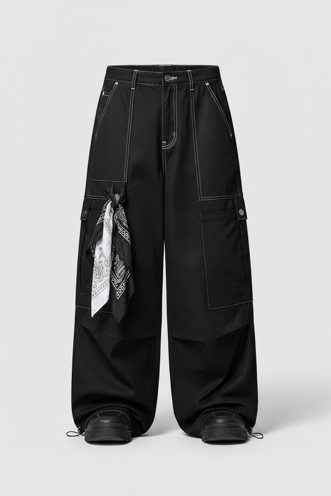 Pantalon Parachute Noir Cargo Ample Unisexe Bandana - Jean - vue 2