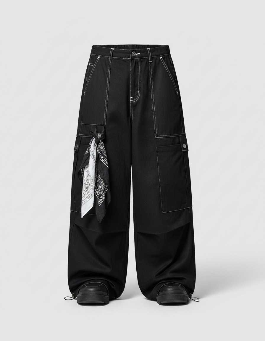 Pantalon Parachute Noir Cargo Ample Unisexe Bandana - Jean - vue 2