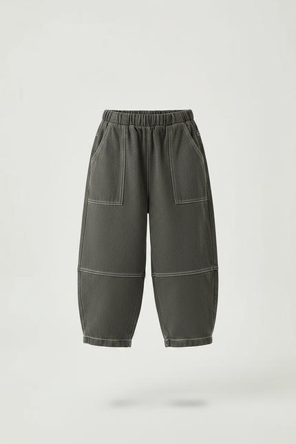 Pantalon Parachute Gris Ample Coton Enfant Décontracté - Kaki Molleton - vue 3