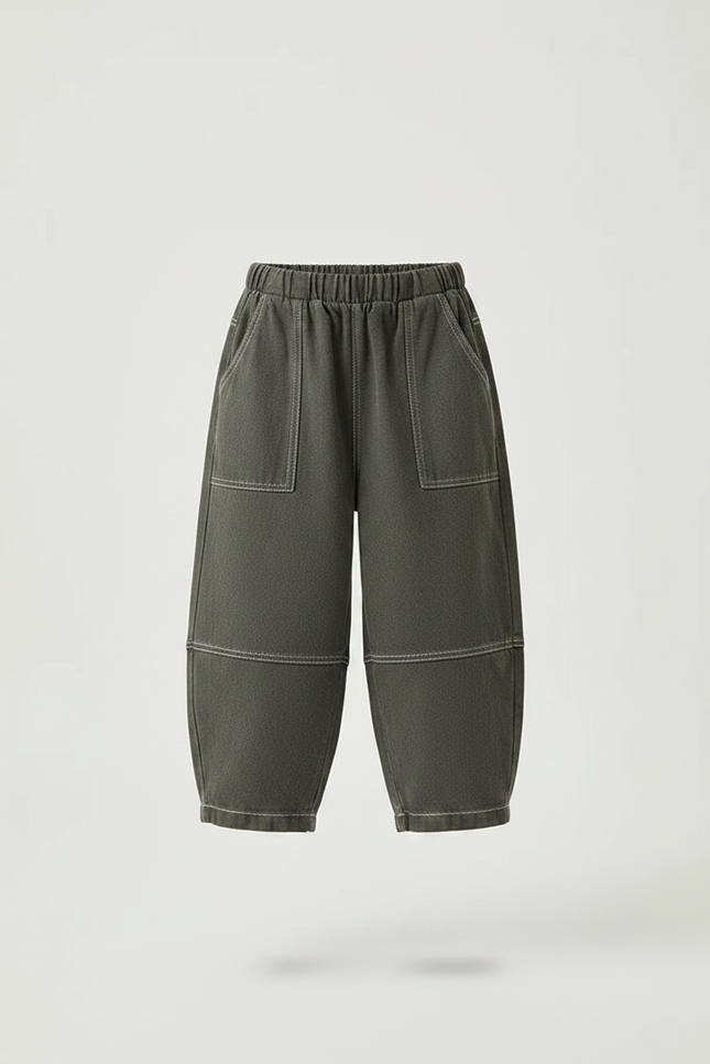 Pantalon Parachute Gris Ample Coton Enfant Décontracté - Kaki Molleton - vue 3