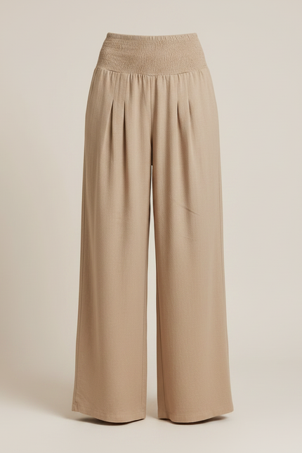 Pantalon Parachute Beige Ample Smocké Plissé Lin Femme - vue 3