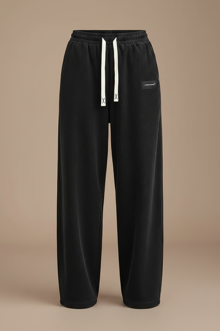 Pantalon Parachute Côtelé Noir Droit Ample Femme - Cordé - vue 3