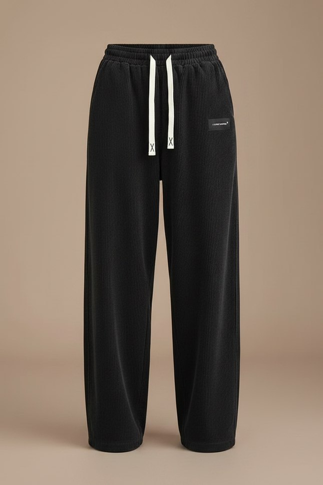 Pantalon Parachute Côtelé Noir Droit Ample Femme - Cordé - vue 3
