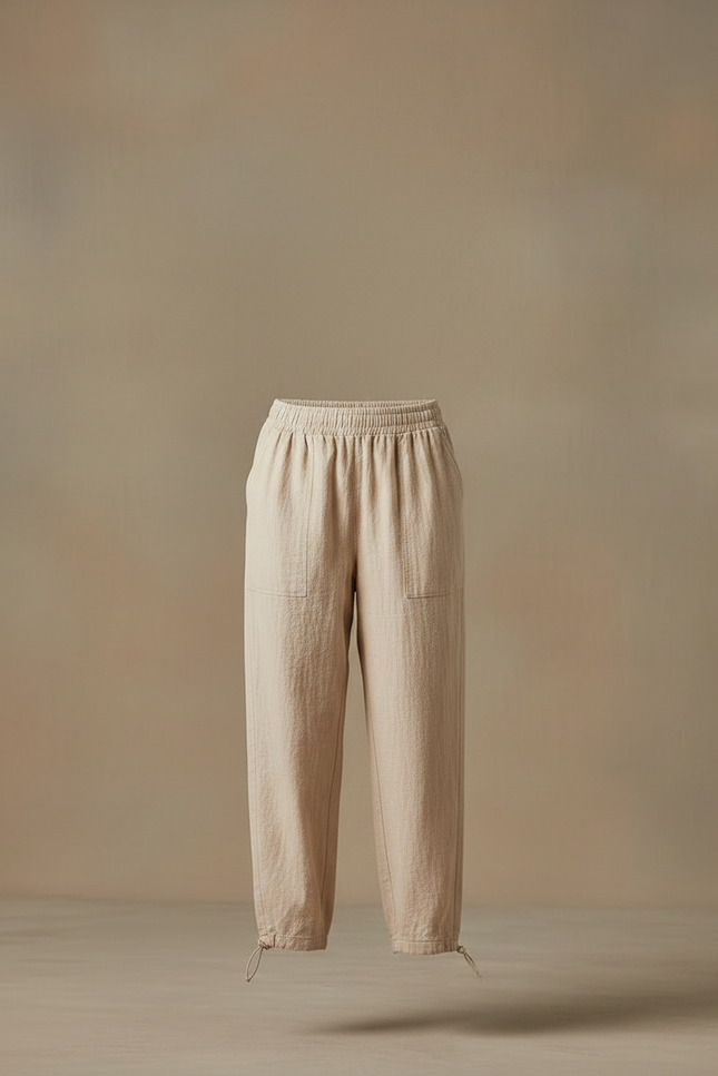 Pantalon Parachute Lin Beige Ample Décontracté Femme - vue 3