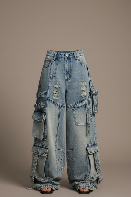 Pantalon Parachute Jean Ample Délavé Multipoches Cargo Femme - Bleu - vue 3