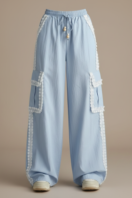 Pantalon Parachute Bleu Ciel Ample Dentelle Cargo Femme - Toile - vue 3