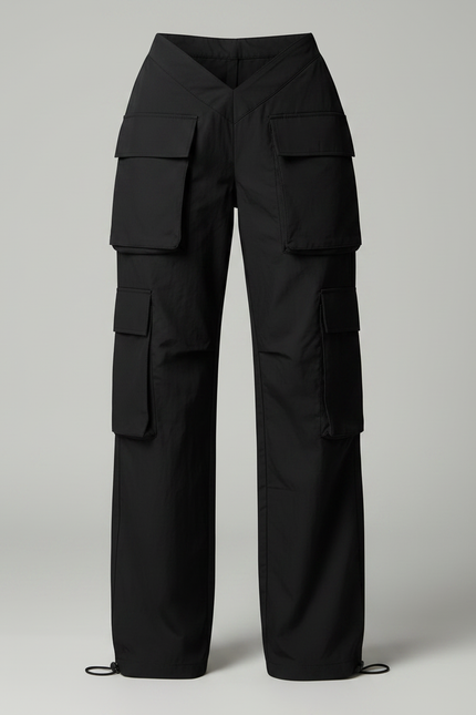 Pantalon Parachute Noir Cargo Ample Multipoches Taille Basse - Polyester - vue 3