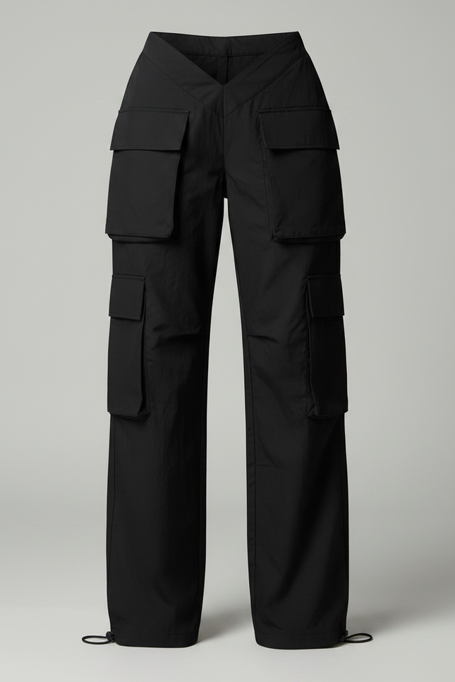 Pantalon Parachute Noir Cargo Ample Multipoches Taille Basse - Polyester - vue 3
