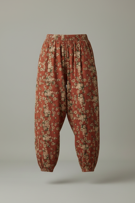 Pantalon Parachute Fleuri Coton Lin Ample Élastique - Imprimé - vue 3