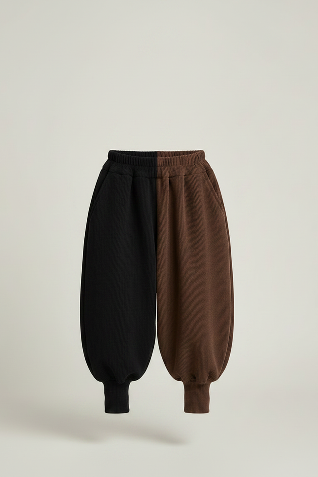 Pantalon Parachute Bicolore Noir Marron Ample Côtelé - Multicolore Cordé - vue 3