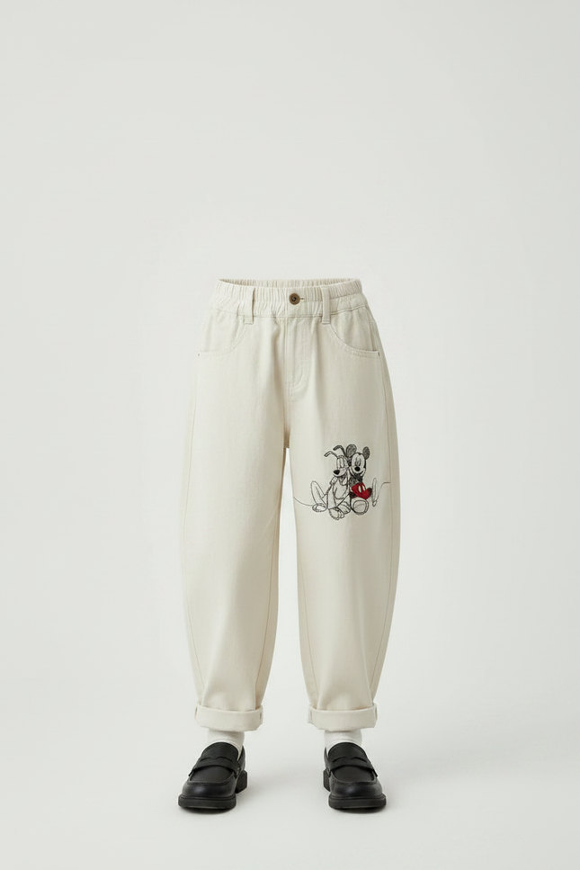 Pantalon Parachute Beige Ample Coton Brodé Mickey Enfant - vue 3