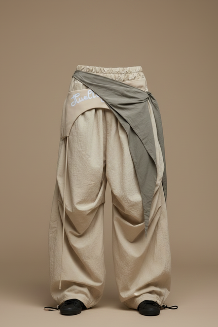 Pantalon Parachute Beige Ample Cargo Cordon Streetwear Femme - Polyester - vue 3