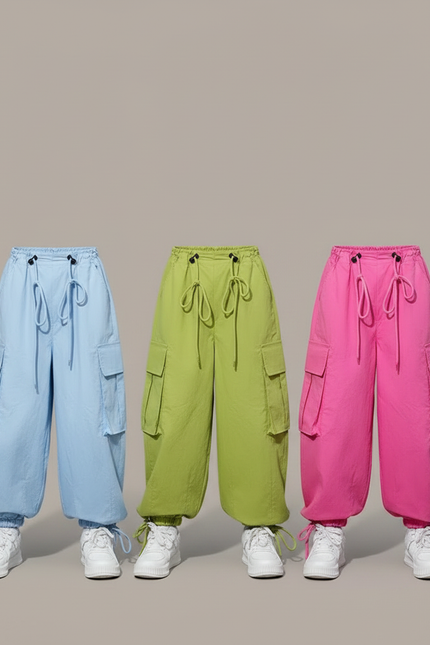 Pantalon Parachute Ample Cargo Fille Décontracté - Vert Polyester - vue 3