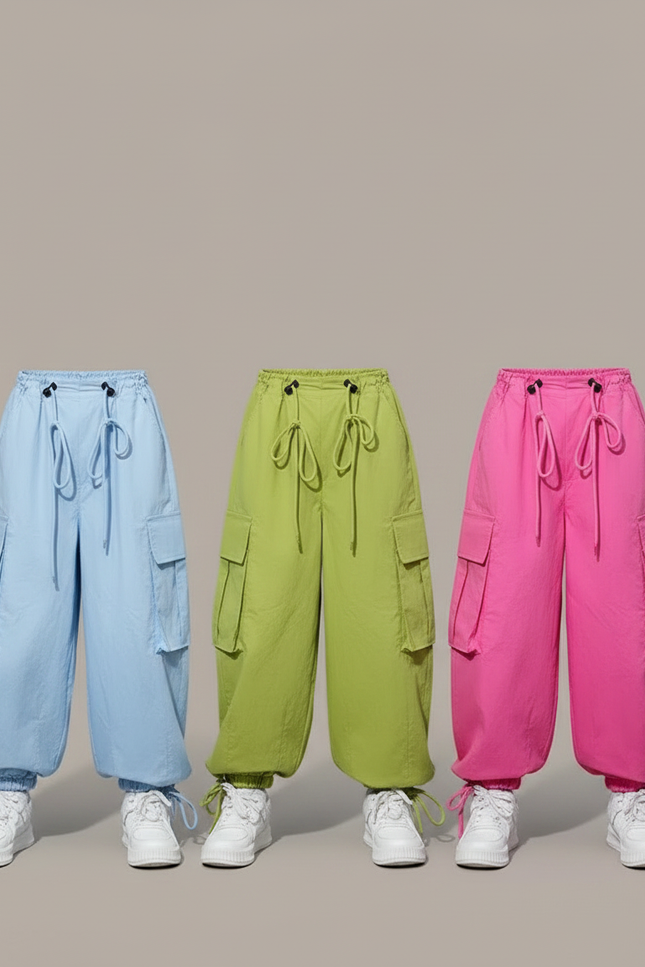 Pantalon Parachute Ample Cargo Fille Décontracté - Vert Polyester - vue 3