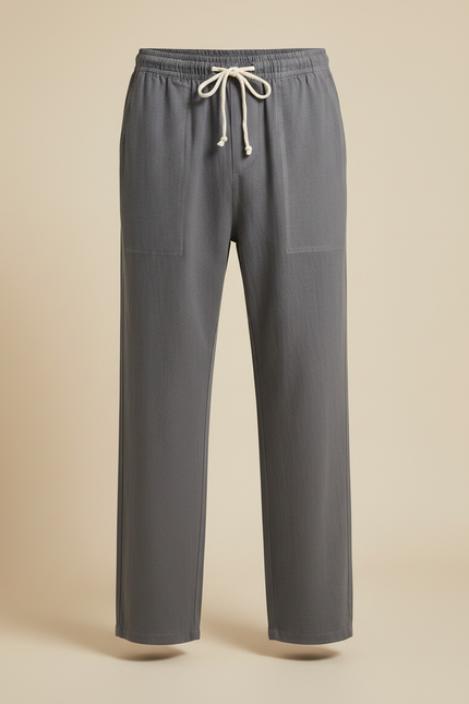 Pantalon Parachute Gris Coton Lin Ample Homme Cordon - vue 3