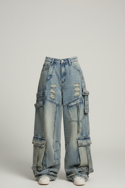 Pantalon Parachute Jean Ample Délavé Multipoches Femme - Bleu - vue 3