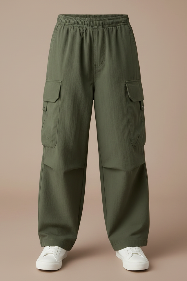 Pantalon Parachute Kaki Cargo Ample Garçon Uni - Polyester - vue 3