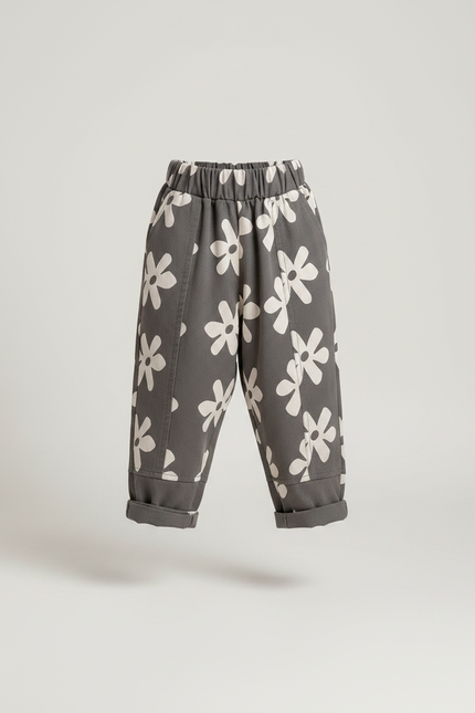 Pantalon Parachute Gris Fleurs Ample Décontracté Garçon - Toile - vue 3