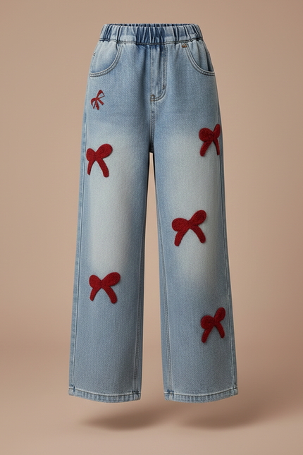 Pantalon Parachute Denim Ample Nœuds Rouges Fille - Bleu Jean - vue 3