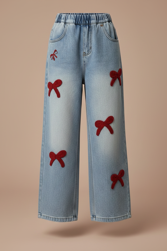 Pantalon Parachute Denim Ample Nœuds Rouges Fille - Bleu Jean - vue 3