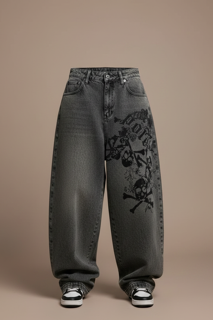 Pantalon Parachute Gris Délavé Ample Crânes Gothique Y2K - Jean - vue 3