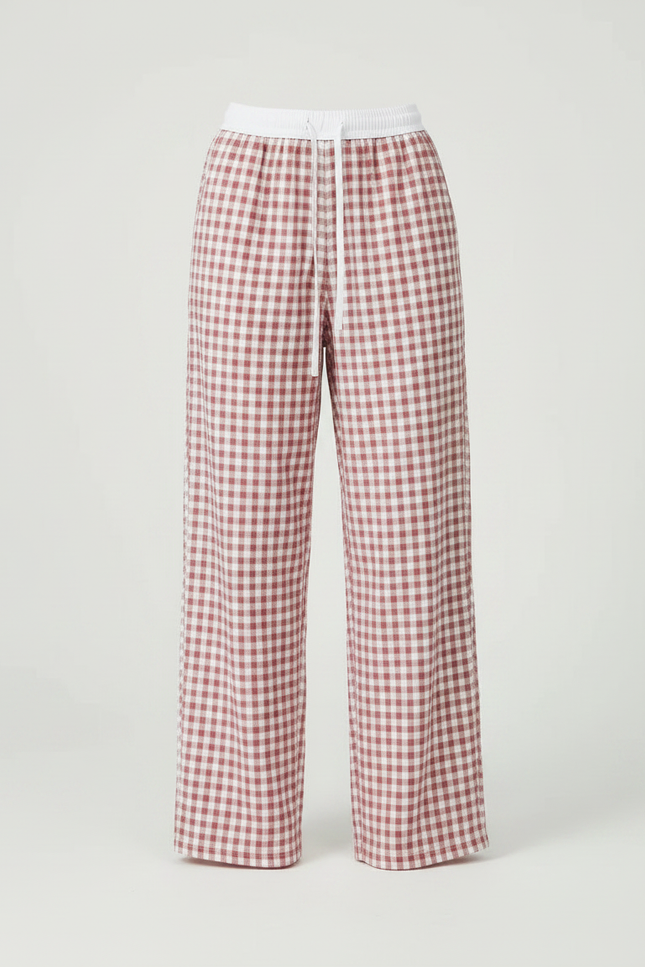 Pantalon Parachute Vichy Rouge Ample Coton Décontracté - vue 3