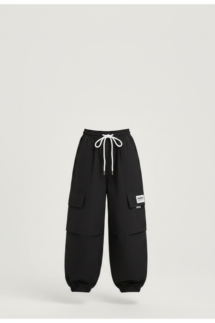 Pantalon Parachute Noir Cargo Ample Cordon Blanc - Polyester - vue 3