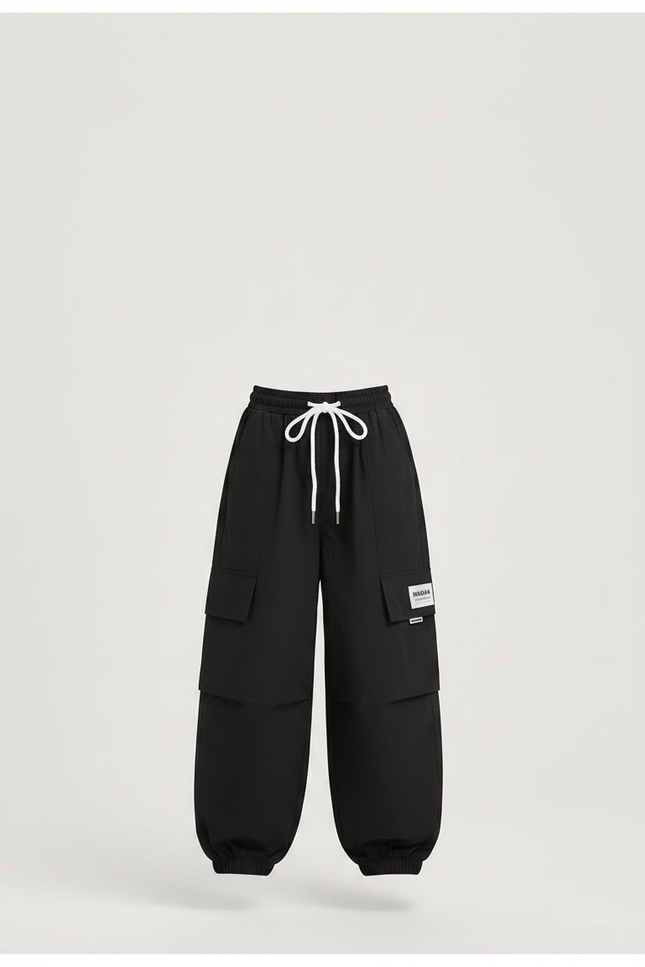 Pantalon Parachute Noir Cargo Ample Cordon Blanc - Polyester - vue 3