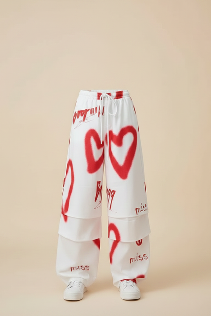 Pantalon Parachute Blanc Cœurs Rouges Ample Fille Graffiti - Molleton - vue 3