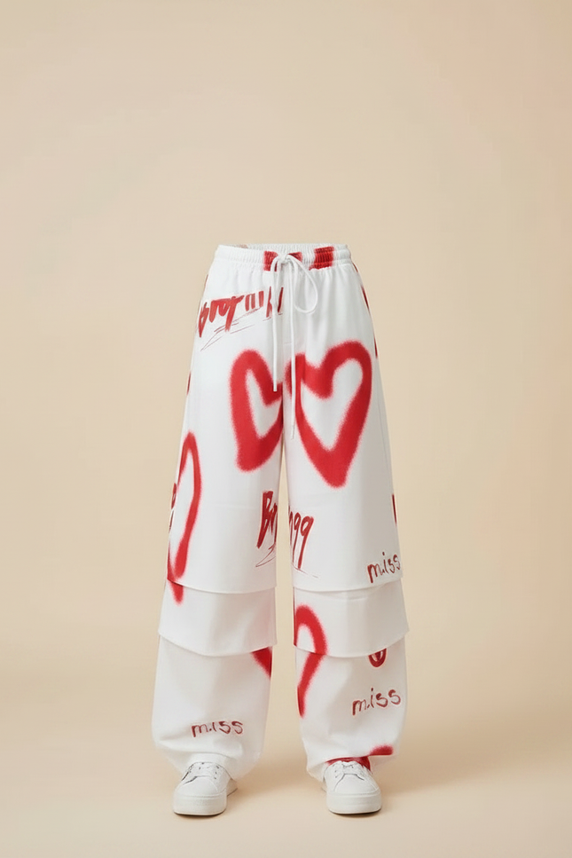 Pantalon Parachute Blanc Cœurs Rouges Ample Fille Graffiti - Molleton - vue 3