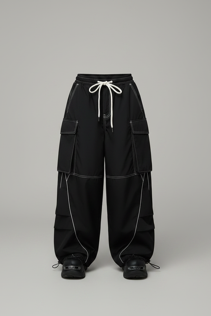 Pantalon Parachute Noir Cargo Ample Streetwear Fille - Polyester - vue 3
