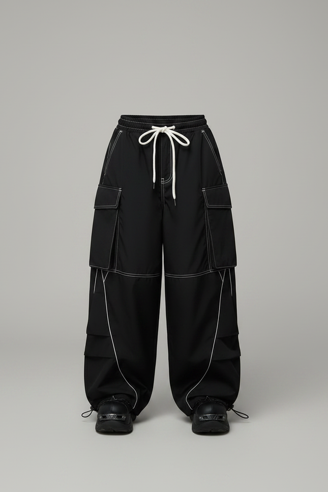 Pantalon Parachute Noir Cargo Ample Streetwear Fille - Polyester - vue 3