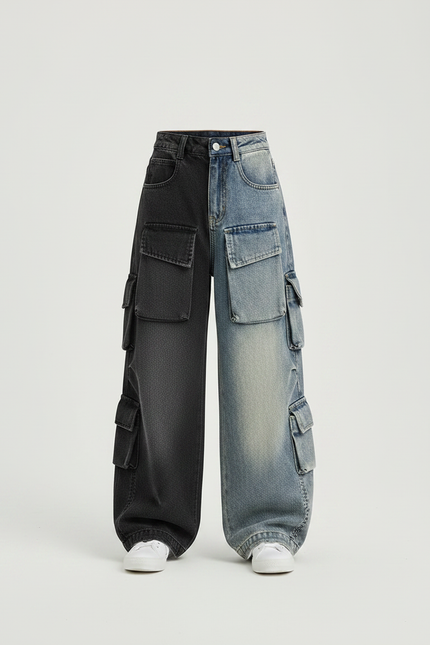 Pantalon Parachute Bicolore Denim Cargo Ample Enfant - Multicolore Jean - vue 3