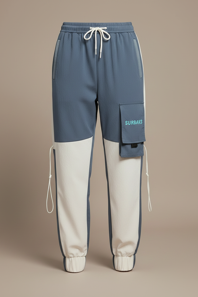 Pantalon Parachute Bicolore Cargo Streetwear Cordon Ample - Bleu Polyester - vue 3