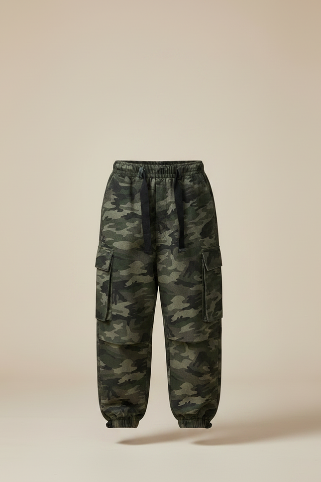 Pantalon Parachute Camouflage Cargo Ample Garçon Streetwear - Kaki Toile - vue 3