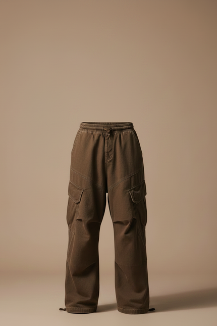 Pantalon Parachute Marron Cargo Ample Coton Homme - vue 3