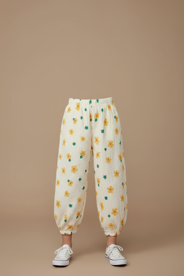 Pantalon Parachute Crème Fleuri Ample Fille Léger Doux - Beige Coton - vue 3