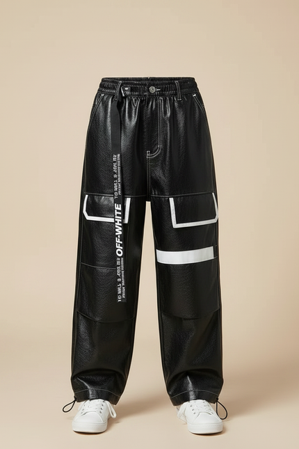 Pantalon Parachute Noir Cargo Imprimé Garçon Streetwear - Simili cuir - vue 3